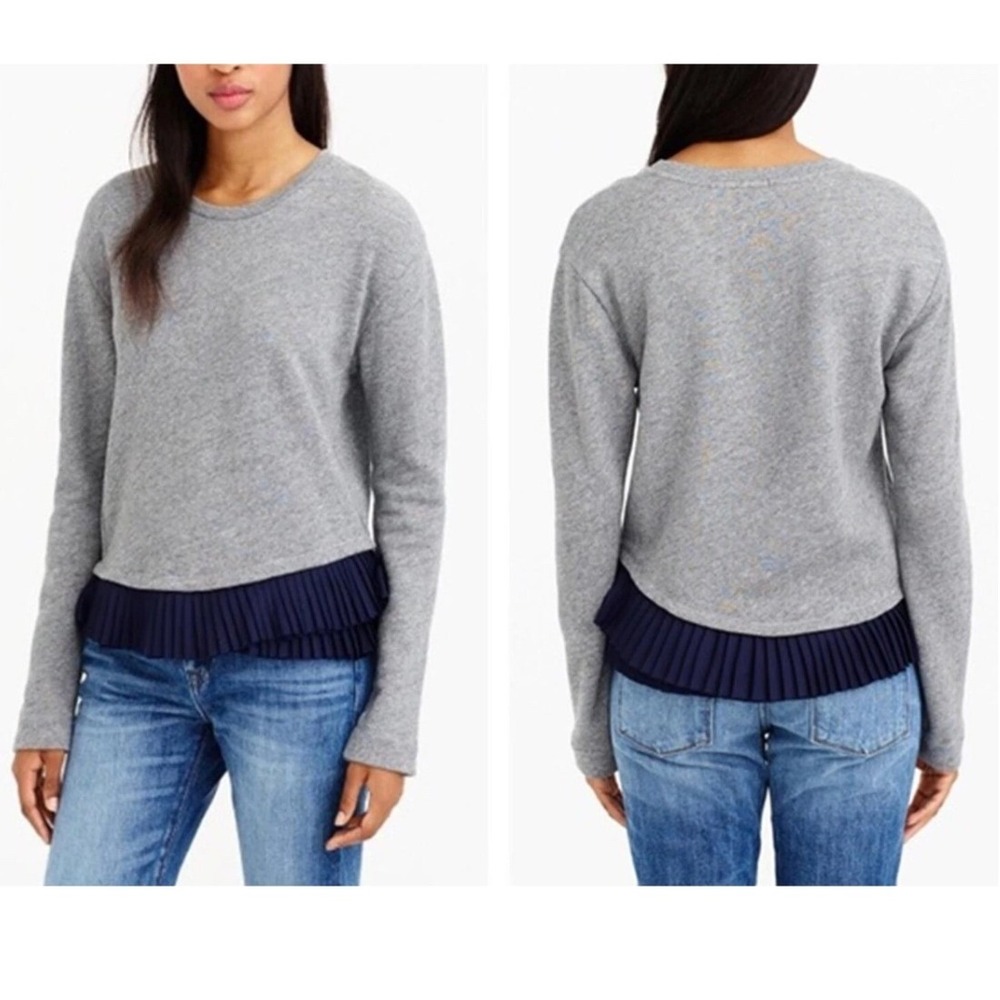 J.Crew Gray French Terry Sweatshirt‎ Women's M Blue Pleated Ruffle Hem Top